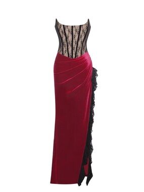 Black Lace & Burgundy Velvet Evening Gown